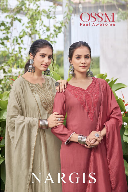 Nargis 1609 Ossm Roman Slub Readymade Pant Style Suits Wholesaler India