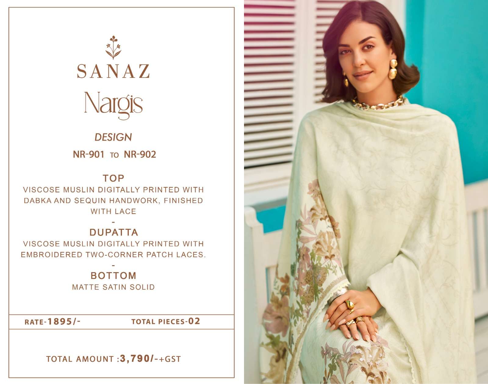 Nargis Sanaz Viscose Muslin Pant Style Suits Wholesale Price