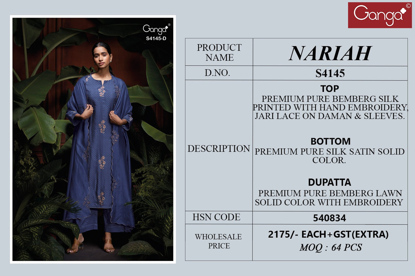 Nariah S4145 Ganga Bemberg Silk Pant Style Suits Wholesale Rate