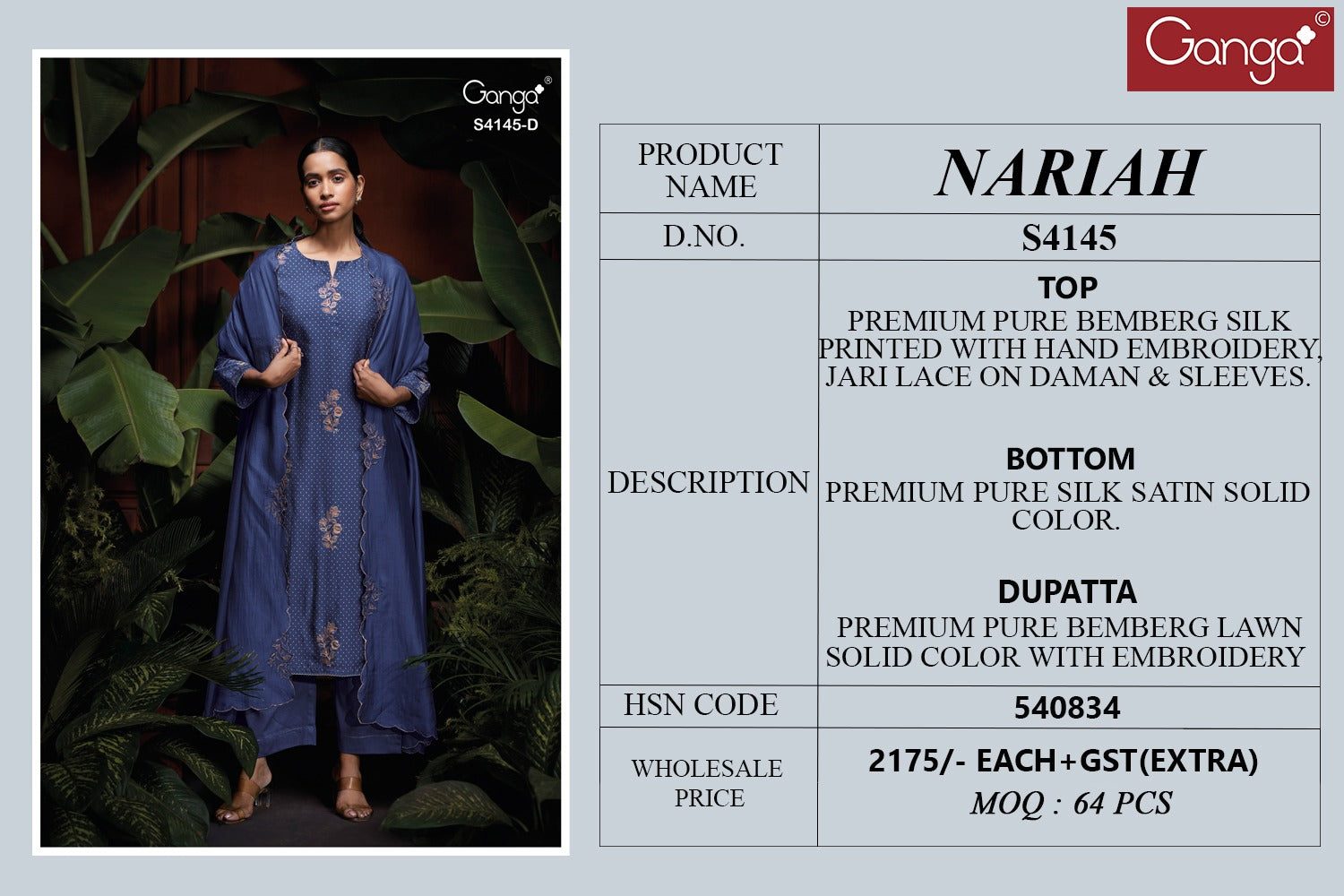 Nariah S4145 Ganga Bemberg Silk Pant Style Suits Wholesale Rate