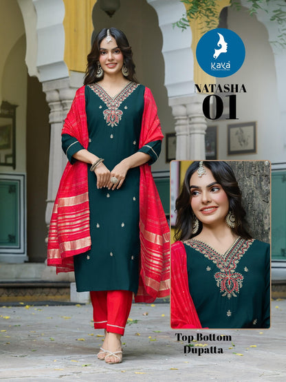Natasha Kaya Roman Silk Readymade Pant Style Suits Wholesale Price