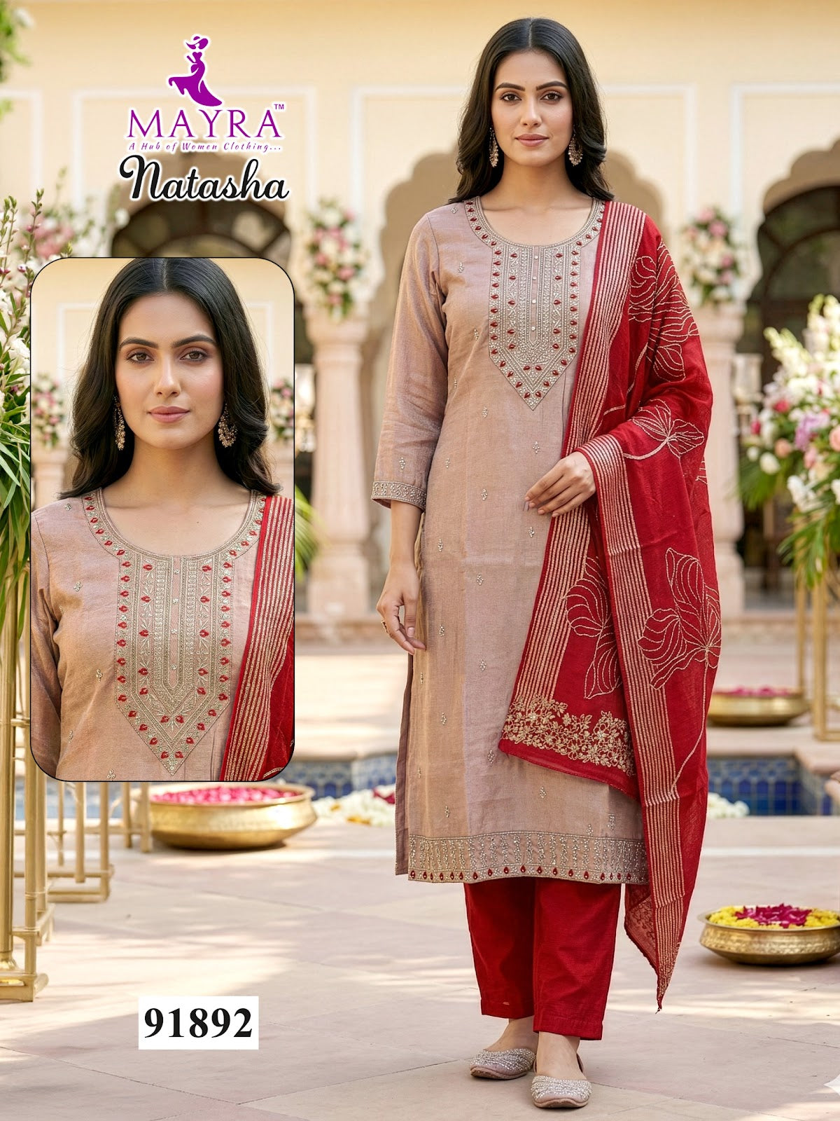 Natasha Mayra Roman Silk Readymade Pant Style Suits Wholesale Price
