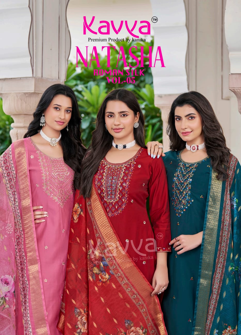 Natasha Vol 5 Kavya Roman Silk Readymade Pant Style Suits Manufacturer Ahmedabad