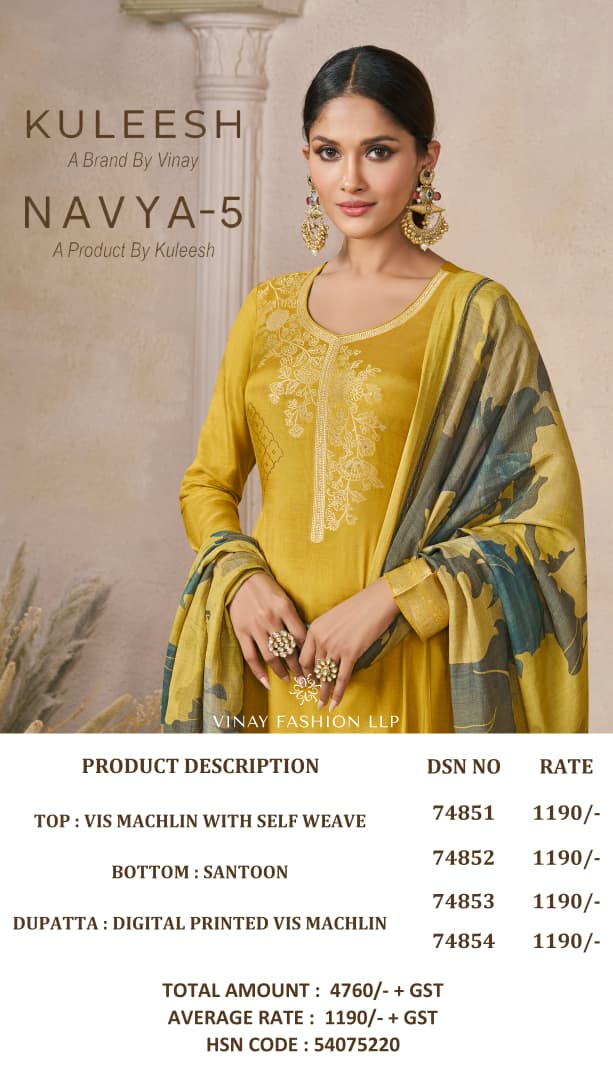 Navya 5 Kuleesh Vinay Fashion Llp Viscose Muslin Pant Style Suits Supplier India