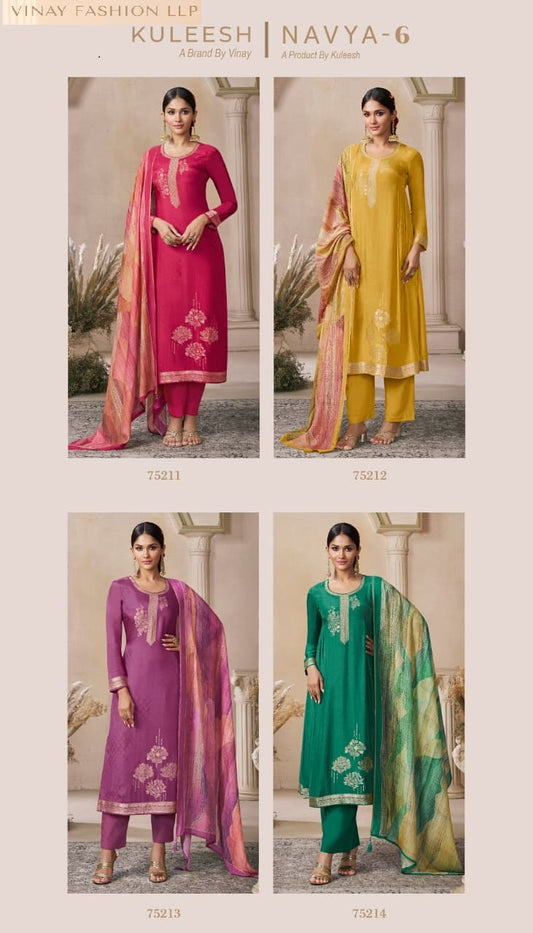 Navya 6 Kuleesh Vinay Fashion Llp Muslin Jacquard Pant Style Suits Wholesaler Ahmedabad