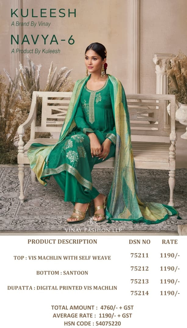 Navya 6 Kuleesh Vinay Fashion Llp Muslin Jacquard Pant Style Suits Wholesaler Ahmedabad