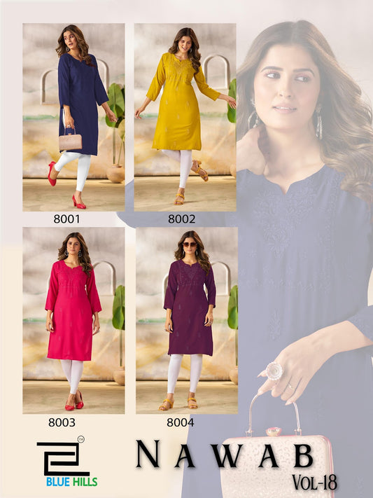 Nawab Vol 18 Blue Hills Rayon 14Kg Knee Length Kurtis Supplier India