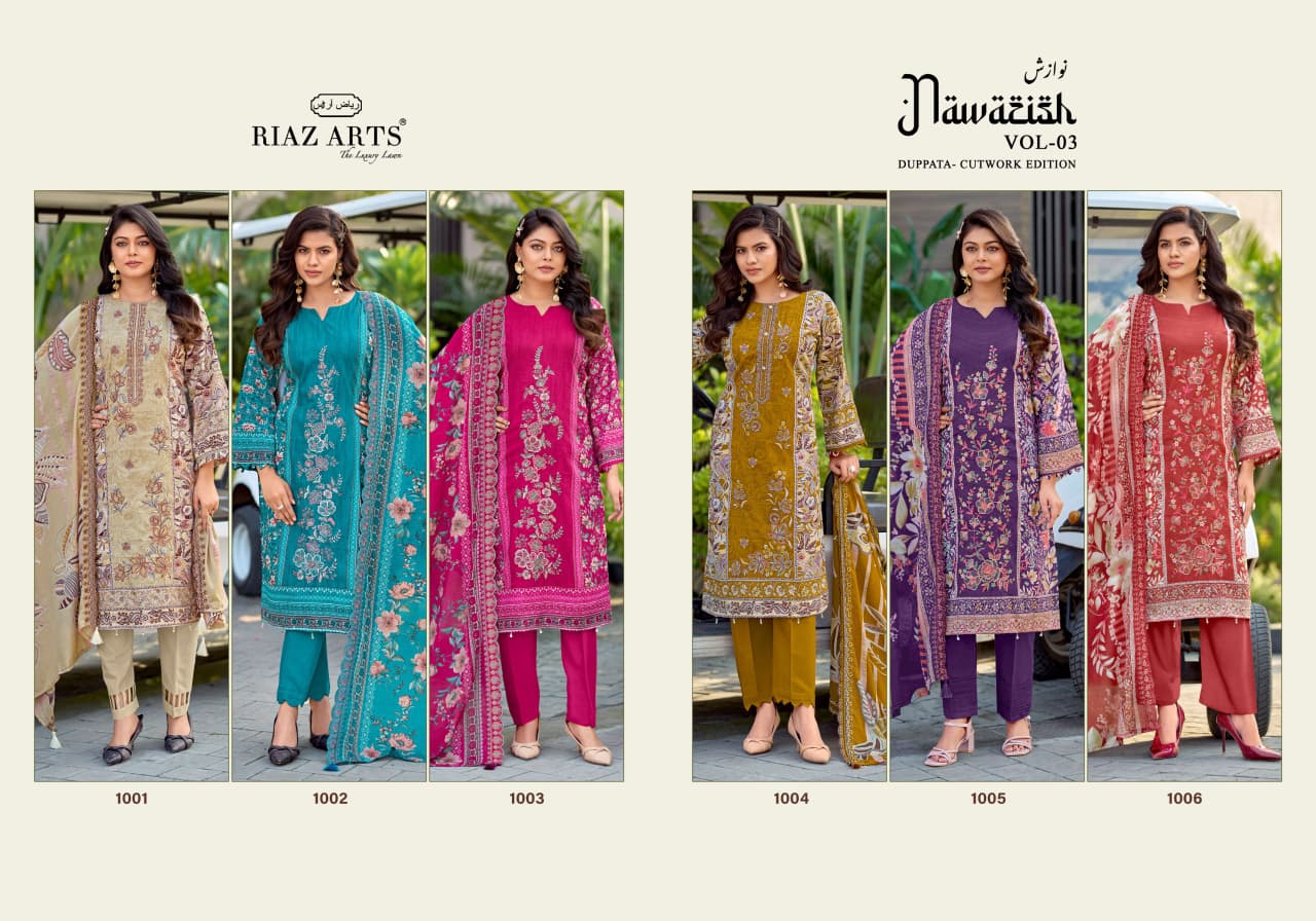 Nawazish Vol 3 Riaz Art Lawn Cotton Karachi Salwar Suits Manufacturer Gujarat