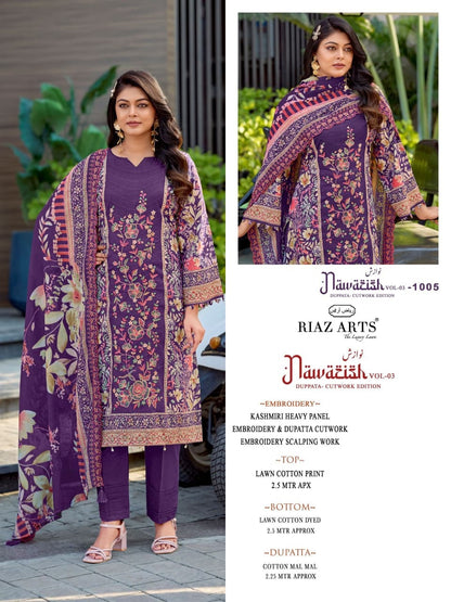 Nawazish Vol 3 Riaz Art Lawn Cotton Karachi Salwar Suits Manufacturer Gujarat