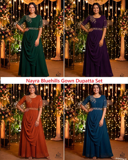 Nayra With Belt Bluehills Georgette Gown Dupatta Set Wholesale Price