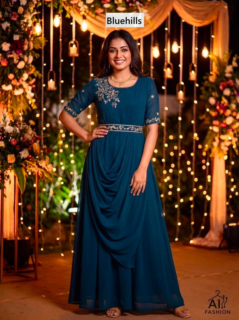Nayra With Belt Bluehills Georgette Gown Dupatta Set Wholesale Price