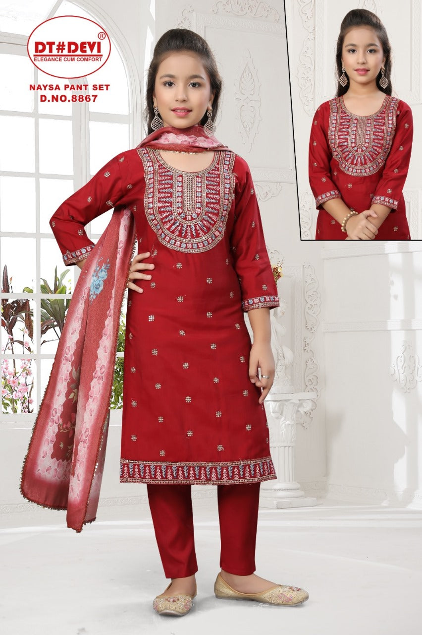Naysa 8867 Dt Devi Roman Silk Girls Readymade Pant Suits Wholesaler Ahmedabad