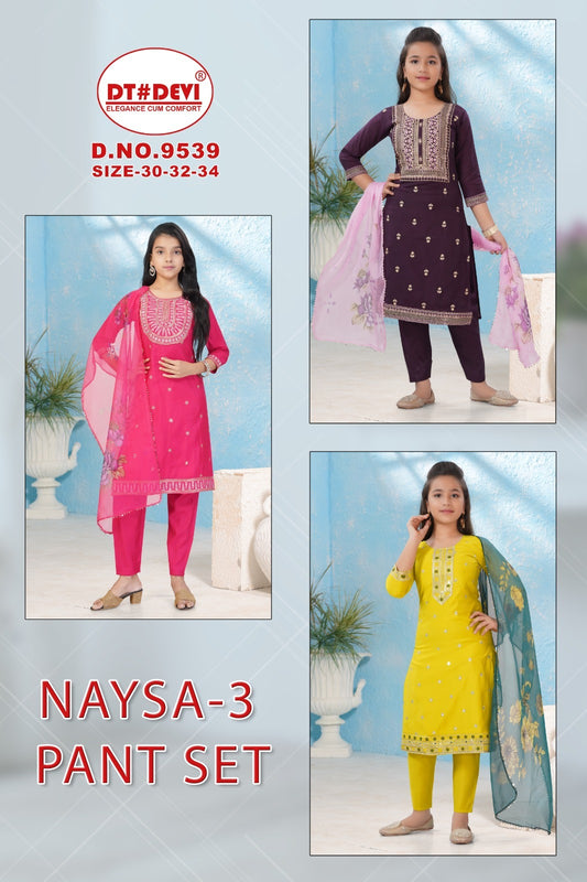 Naysa Vol 3 9539 Dt Devi Roman Silk Girls Readymade Pant Suits Wholesale