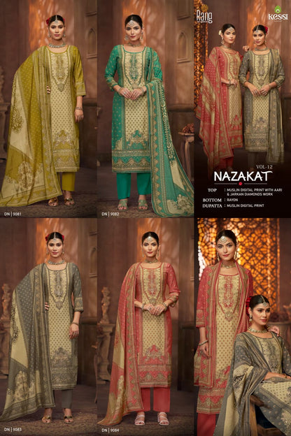 Nazakat Vol 12 Kessi Rang Muslin Pant Style Suits Wholesale Rate