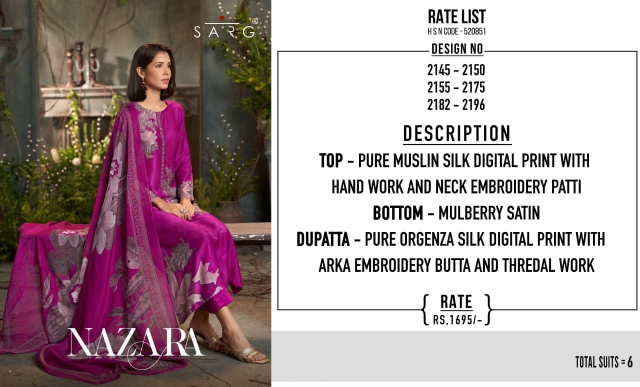 Nazara Sarg Pure Muslin Pant Style Suits Supplier