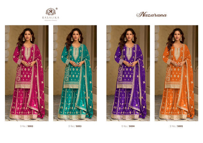 Nazarana Rasalika Chinnon Silk Pakistani Readymade Suits Wholesaler
