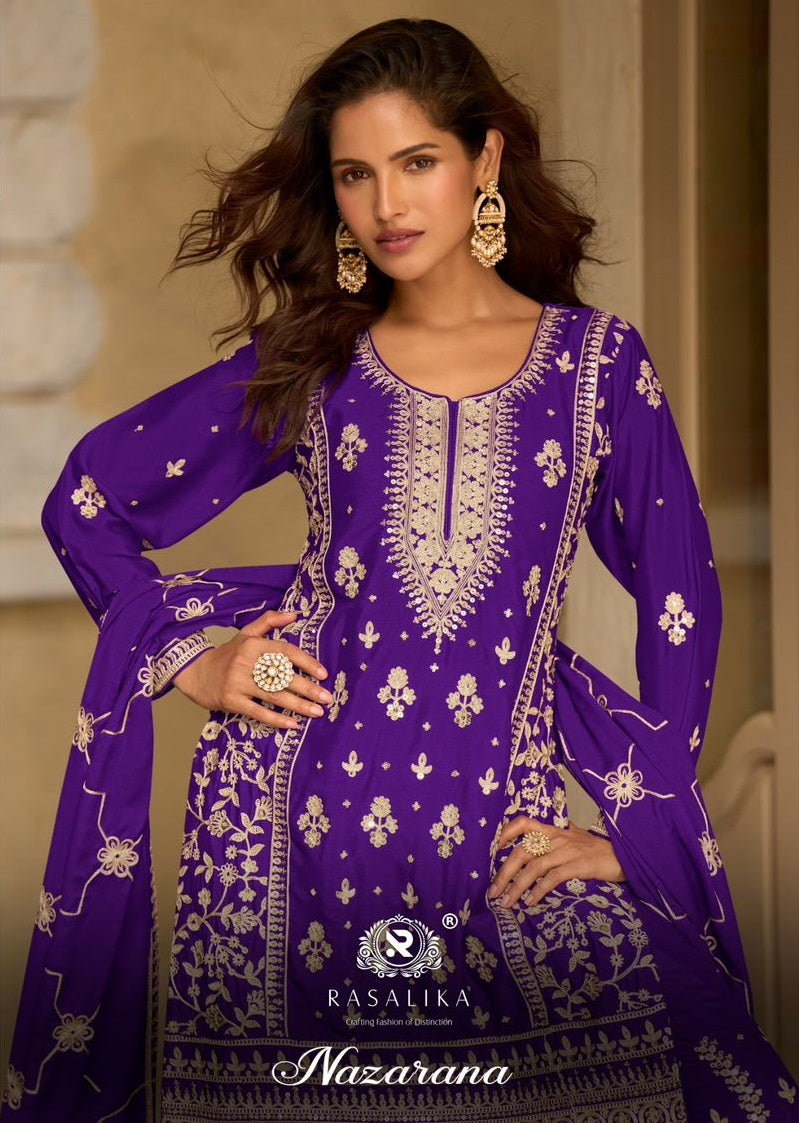 Nazarana Rasalika Chinnon Silk Pakistani Readymade Suits Wholesaler