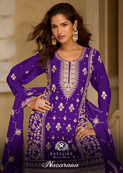 Nazarana Rasalika Chinnon Silk Pakistani Readymade Suits Wholesaler