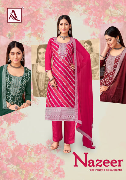 Nazeer Alok Muslin Jacquard Karachi Salwar Suits Wholesaler India