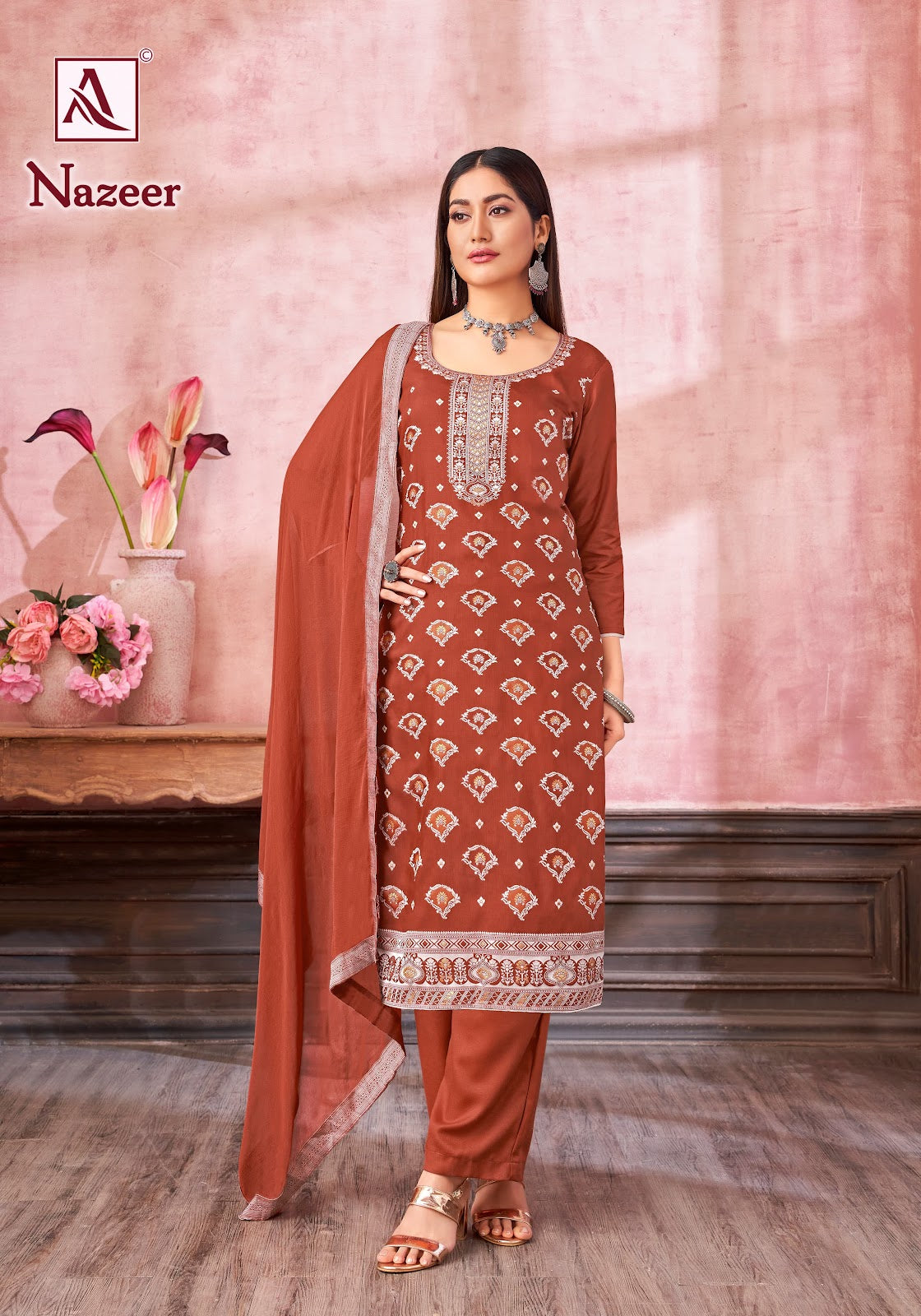 Nazeer Alok Muslin Jacquard Karachi Salwar Suits Wholesaler India