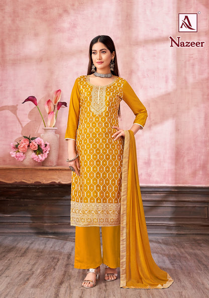 Nazeer Alok Muslin Jacquard Karachi Salwar Suits Wholesaler India