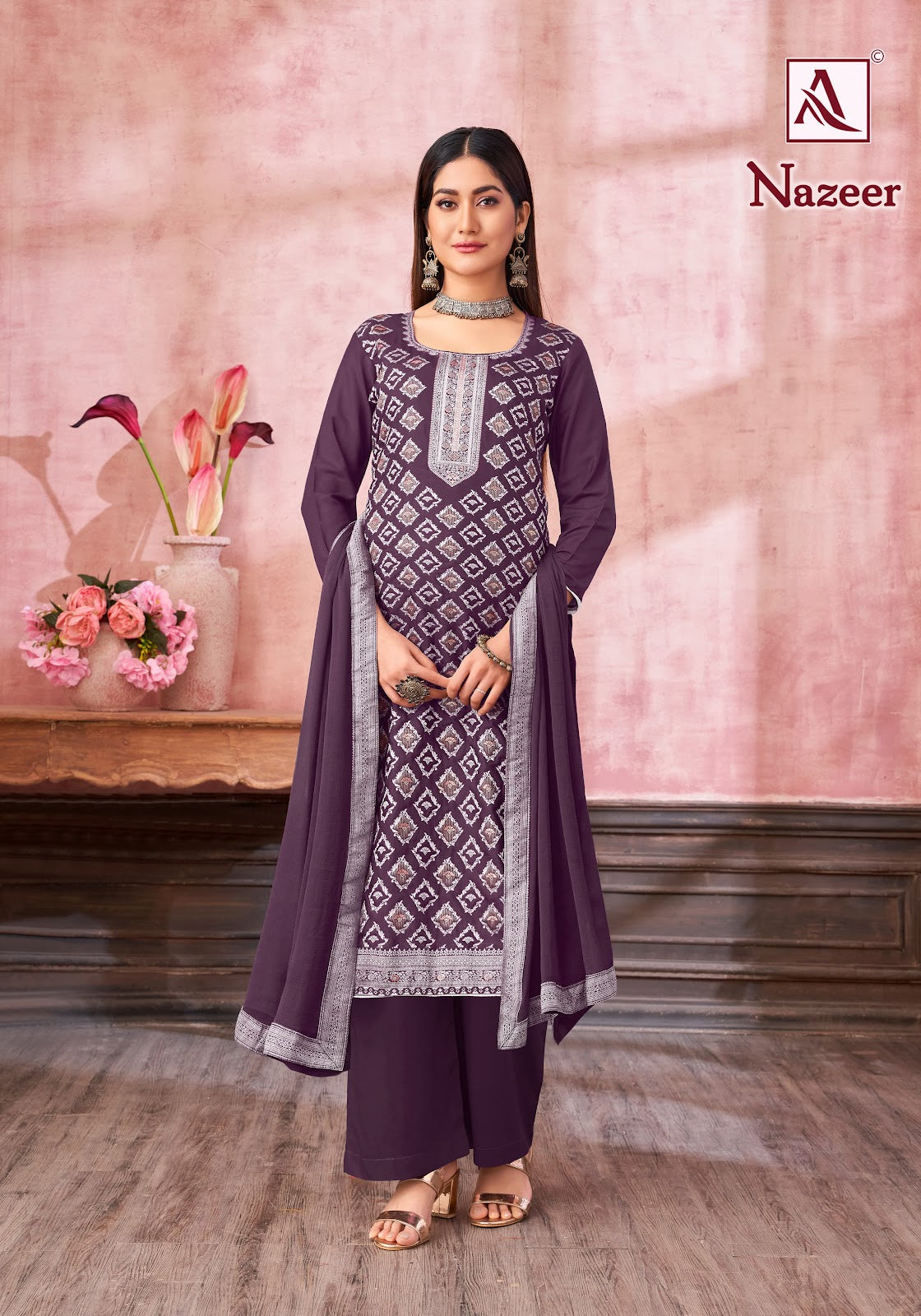 Nazeer Alok Muslin Jacquard Karachi Salwar Suits Wholesaler India