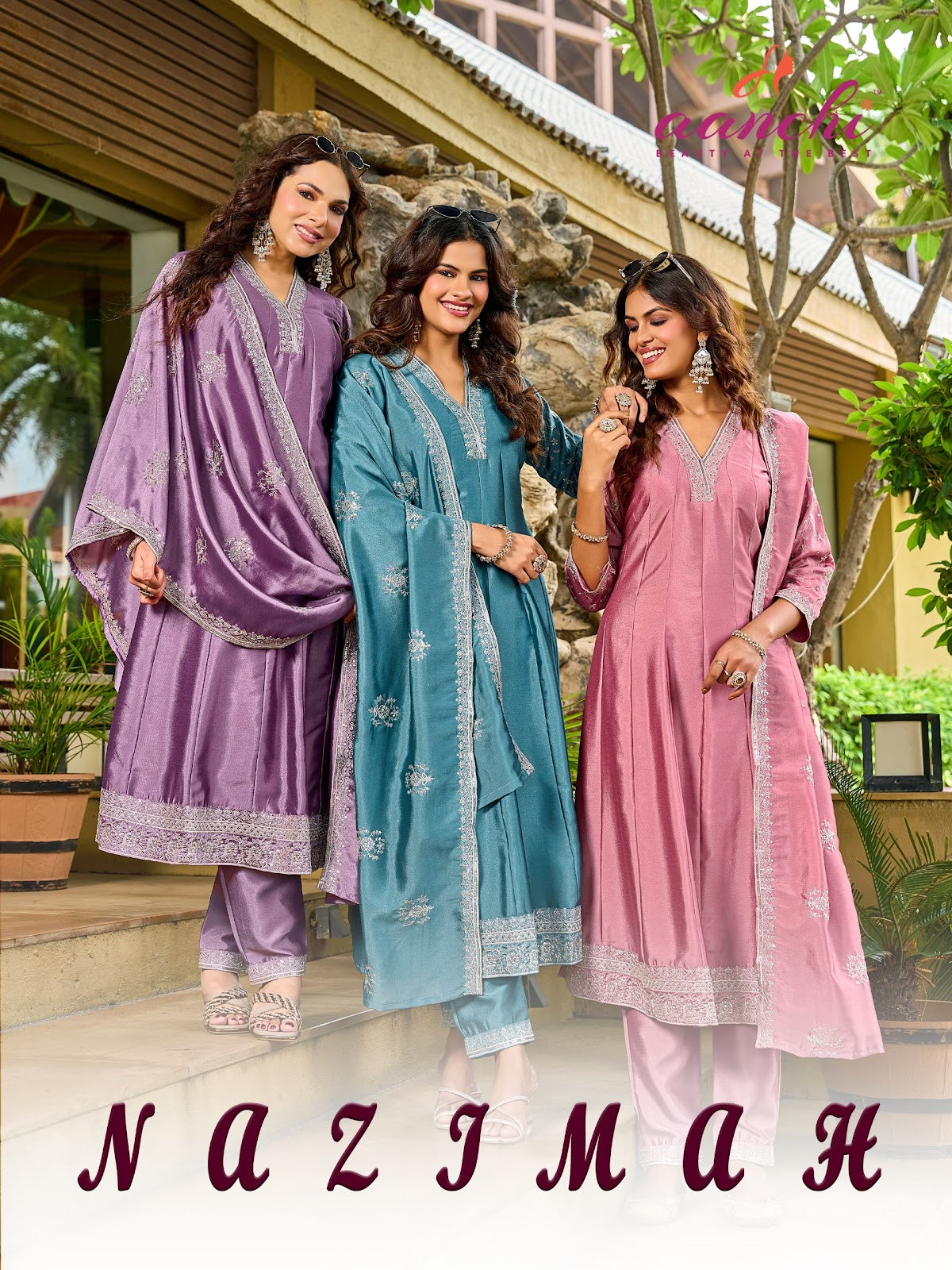Nazimah Aanchi Crystal Silk Readymade Anarkali Suits Supplier Ahmedabad