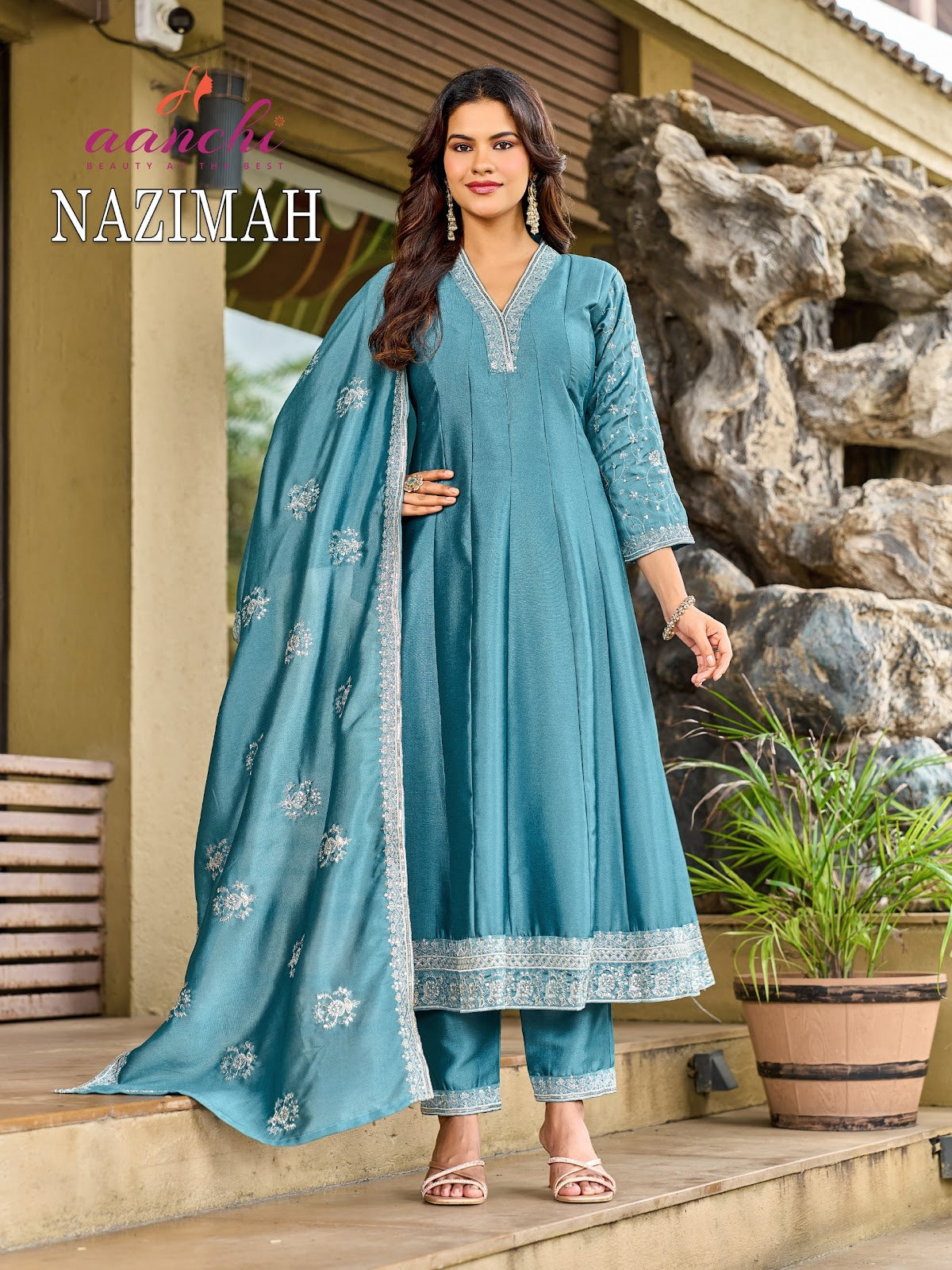 Nazimah Aanchi Crystal Silk Readymade Anarkali Suits Supplier Ahmedabad