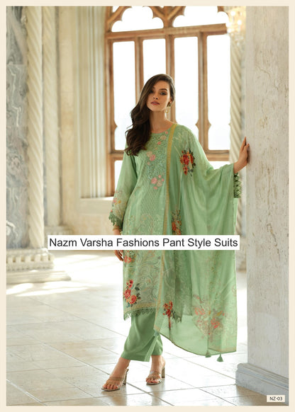Nazm Varsha Fashions Viscose Muslin Pant Style Suits Supplier Gujarat