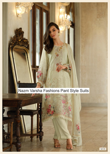 Nazm Varsha Fashions Viscose Muslin Pant Style Suits Supplier Gujarat