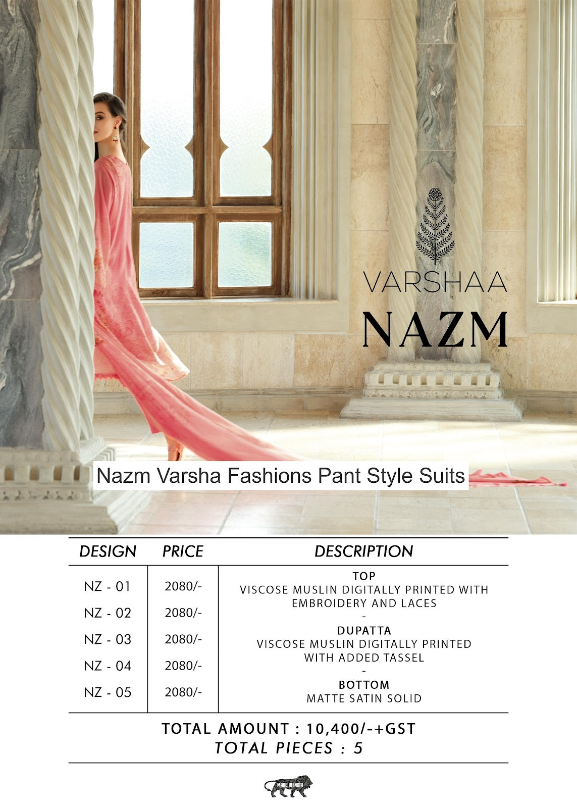 Nazm Varsha Fashions Viscose Muslin Pant Style Suits Supplier Gujarat