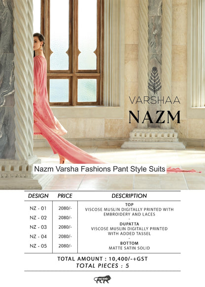 Nazm Varsha Fashions Viscose Muslin Pant Style Suits Supplier Gujarat