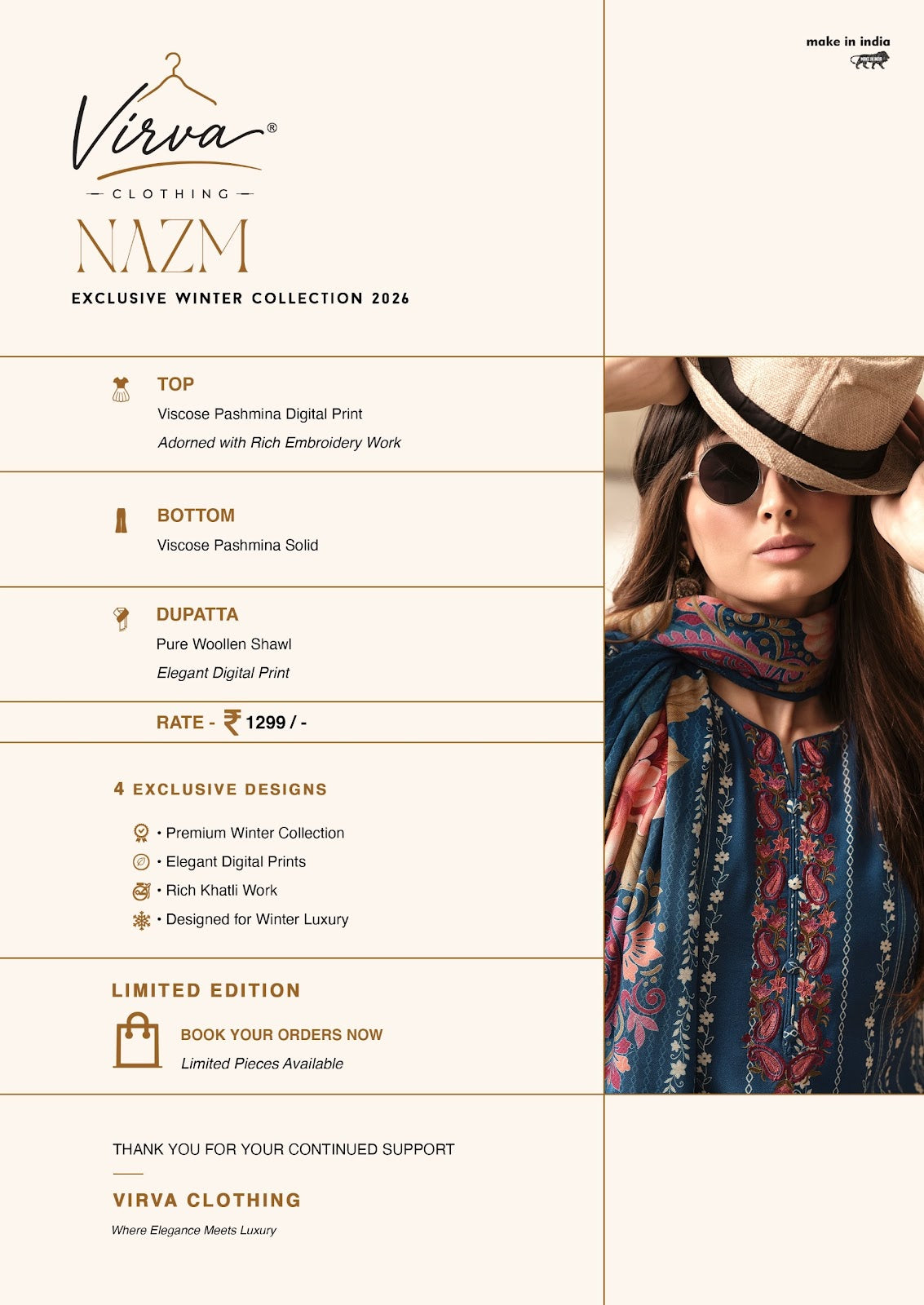 Nazm Virva Viscose Pashmina Suits Wholesale Price
