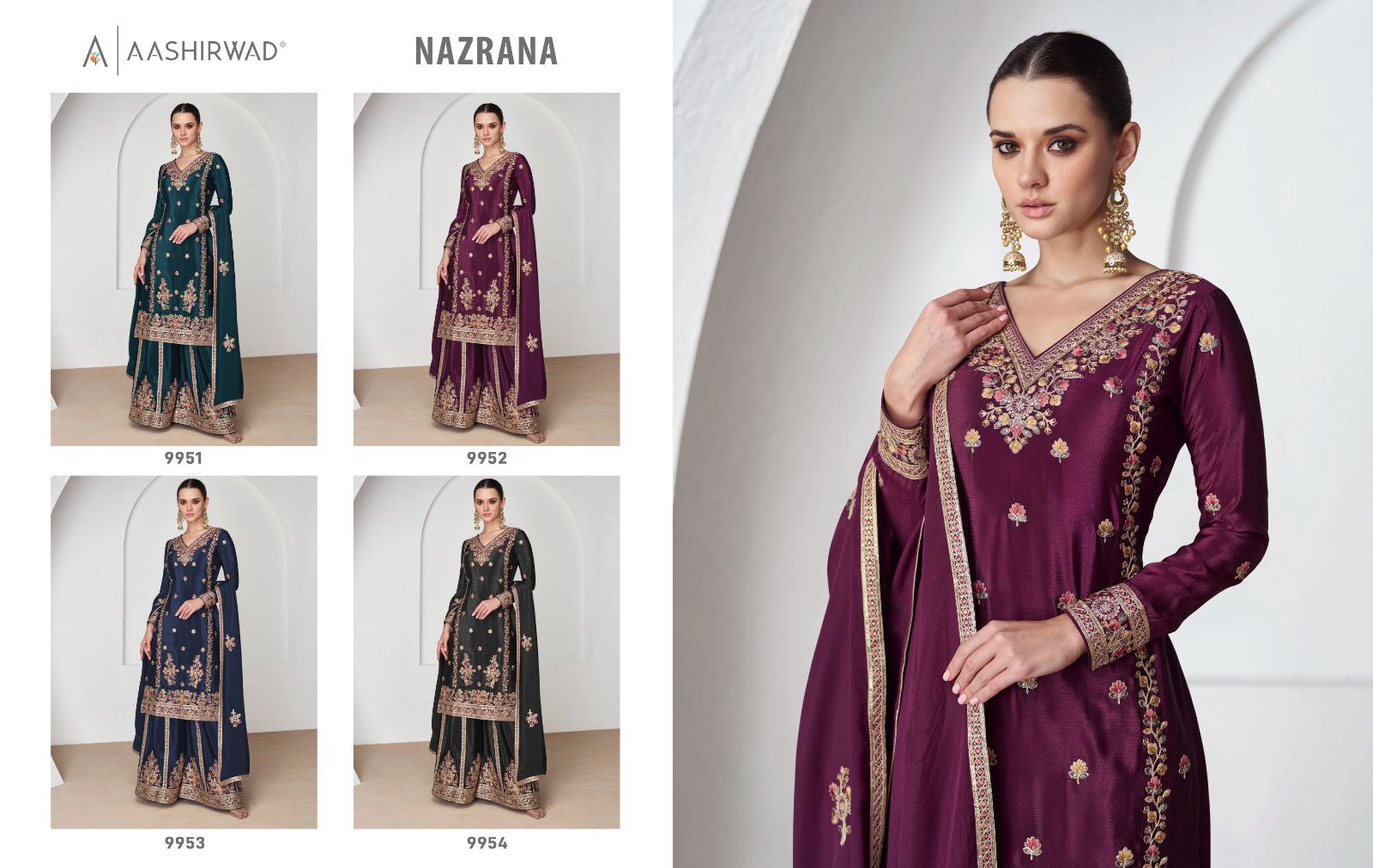 Nazrana Aashirwad Creation Chinon Silk Readymade Plazzo Style Suits Manufacturer