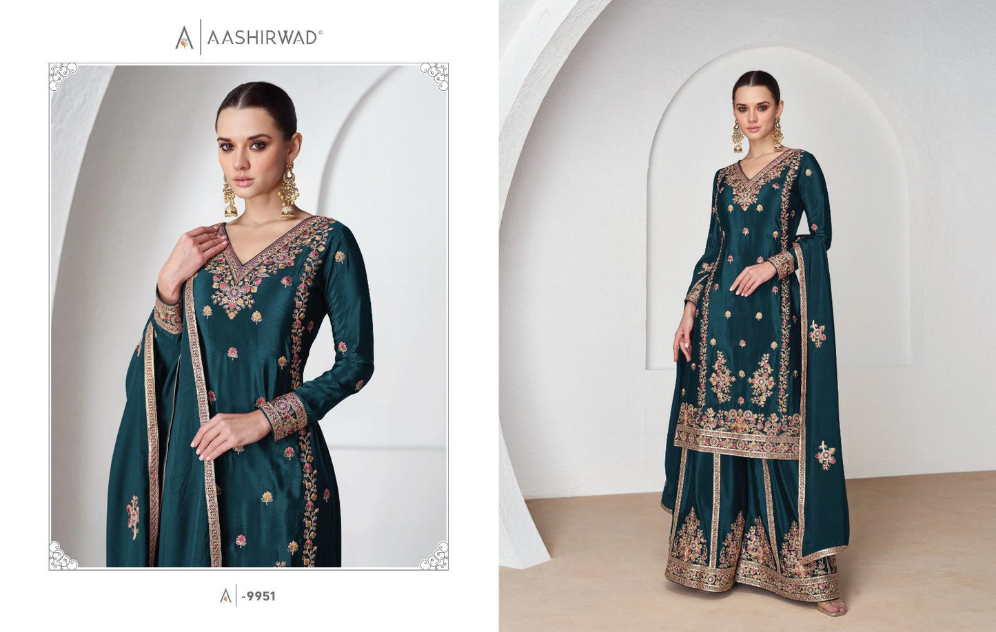 Nazrana Aashirwad Creation Chinon Silk Readymade Plazzo Style Suits Manufacturer