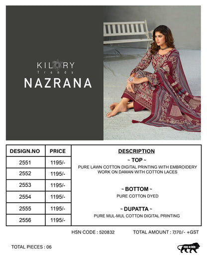 Nazrana Kilory Lawn Cotton Pant Style Suits Supplier