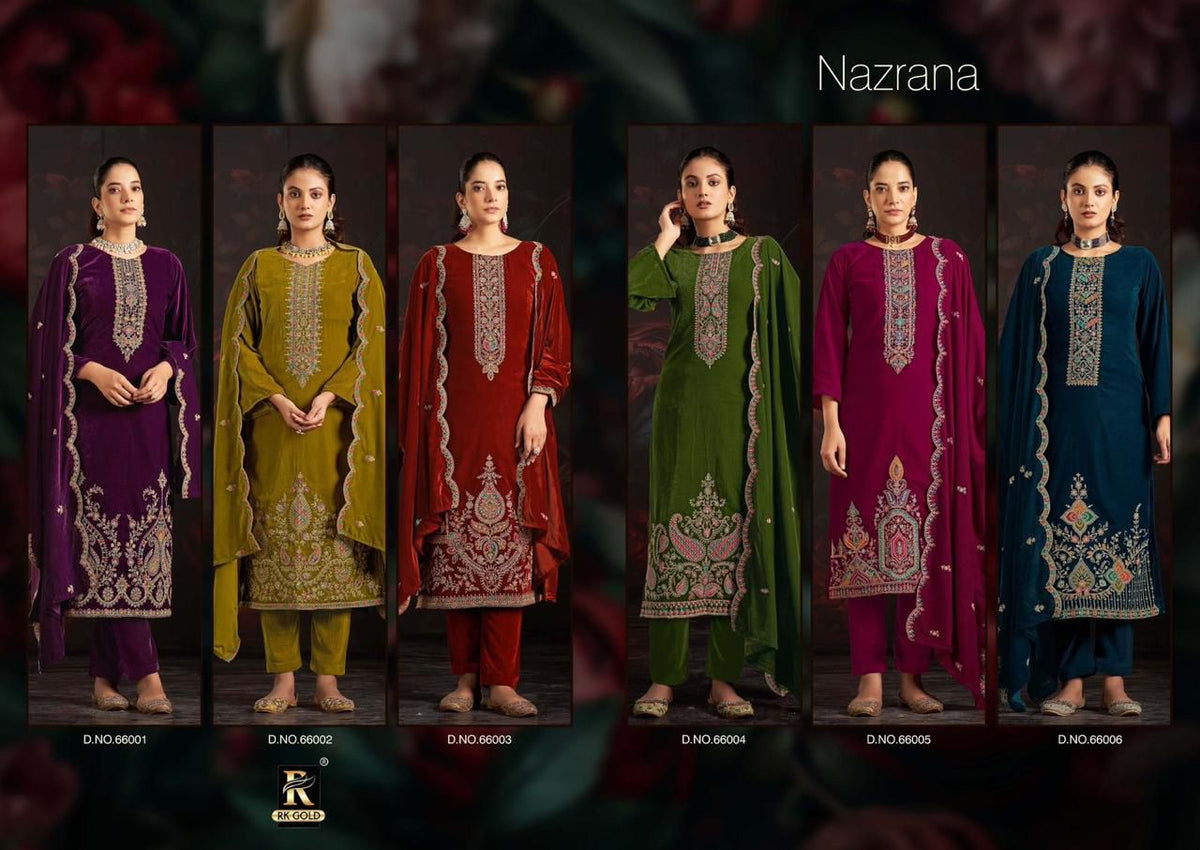 Nazrana Rk Gold Velvet Suits Manufacturer Ahmedabad – Kavya Style Plus