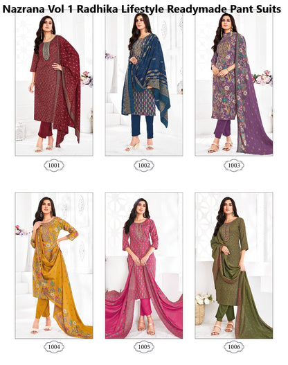 Nazrana Vol 1 Radhika Lifestyle Jam Satin Readymade Pant Style Suits Supplier