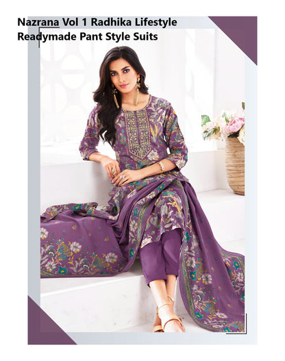 Nazrana Vol 1 Radhika Lifestyle Jam Satin Readymade Pant Style Suits Supplier