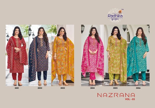 Nazrana Vol 3 Radhika Lifestyle Jam Satin Readymade Pant Style Suits Manufacturer India