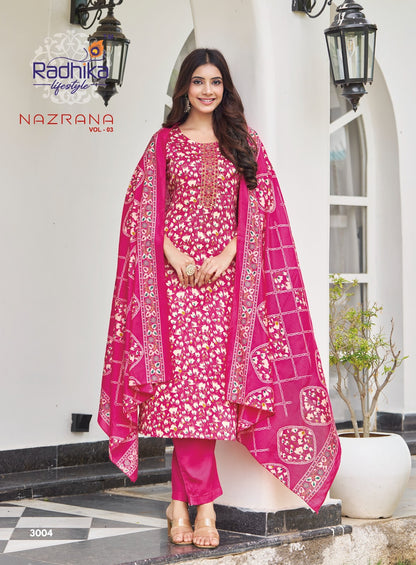 Nazrana Vol 3 Radhika Lifestyle Jam Satin Readymade Pant Style Suits Manufacturer India