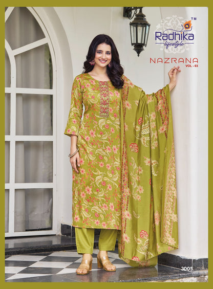 Nazrana Vol 3 Radhika Lifestyle Jam Satin Readymade Pant Style Suits Manufacturer India