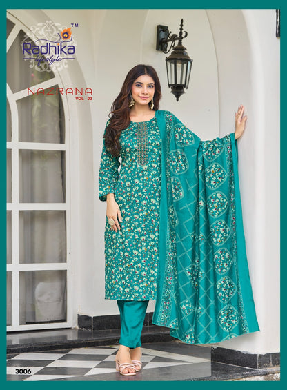Nazrana Vol 3 Radhika Lifestyle Jam Satin Readymade Pant Style Suits Manufacturer India