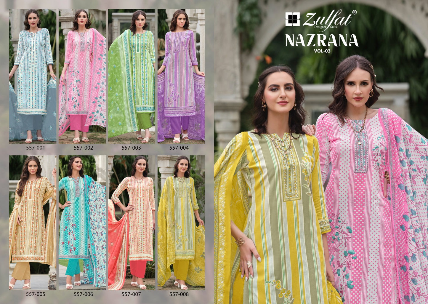 Nazrana Vol 3 Zulfat Designer Cotton Pant Style Suits Manufacturer Gujarat