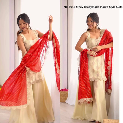 Nd-5042 Stnev Silk Readymade Plazzo Style Suits Supplier Ahmedabad