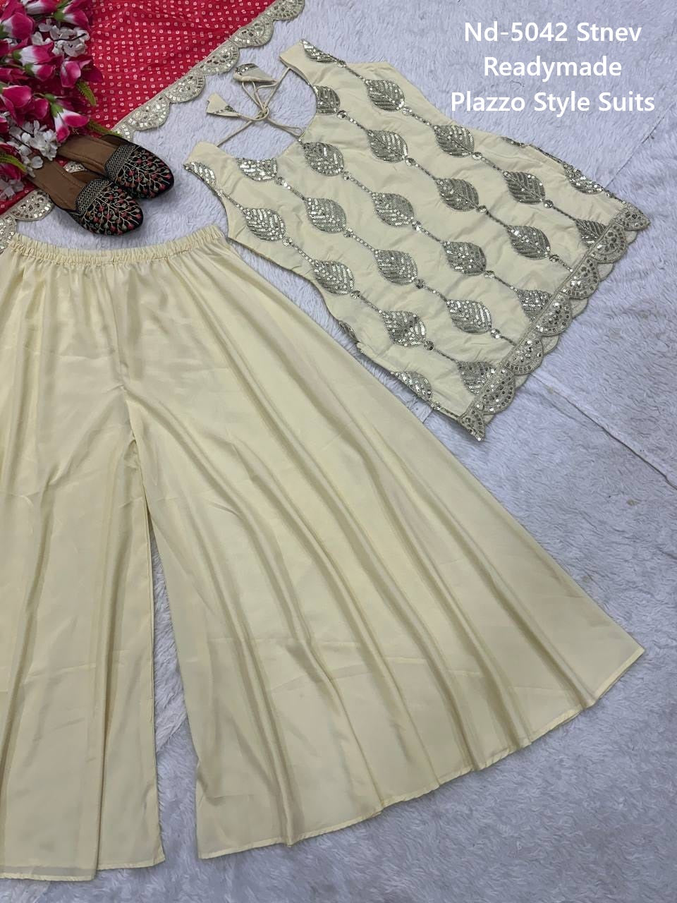 Nd-5042 Stnev Silk Readymade Plazzo Style Suits Supplier Ahmedabad