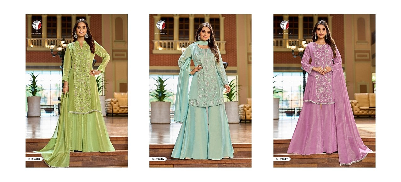 Nd 9416-9418 Af Tissue Simmer Readymade Plazzo Style Suits Wholesaler Ahmedabad