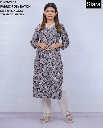 Neck Design 0606 Siara Poli Rayon Straight Cut Kurtis Exporter Gujarat