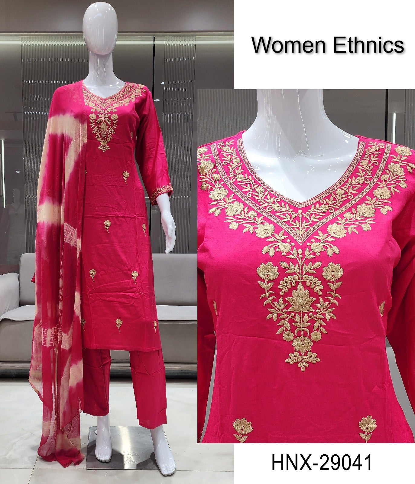 Neck Work 0208 Women Ethnics Reyon Readymade Pant Style Suits Supplier Ahmedabad