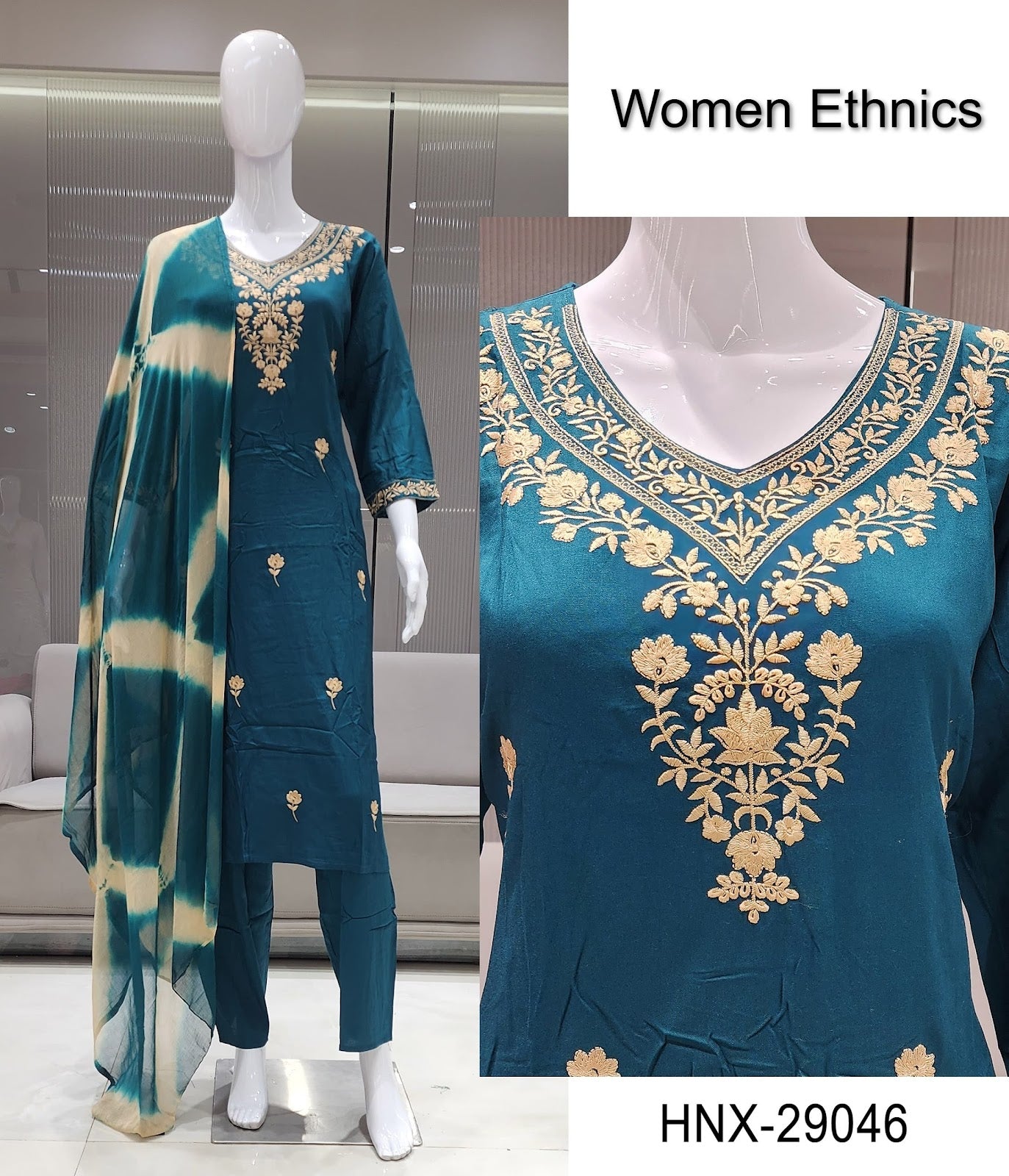 Neck Work 0208 Women Ethnics Reyon Readymade Pant Style Suits Supplier Ahmedabad